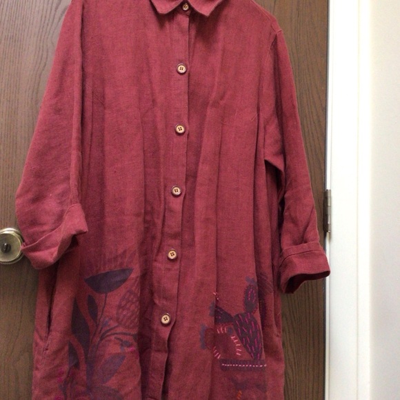 Gudrun Sjoden Red Tunic with Purple Accents, 100% linen, embroidered, sz L - Picture 2 of 13